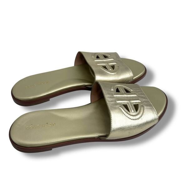 Cole Haan Flynn Logo Slide Sandals Size 10 Metallic Gold Cut out Flats - Picture 6 of 13